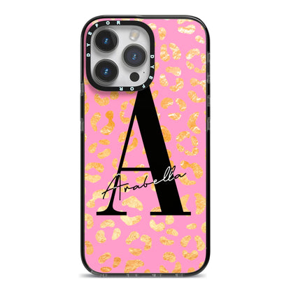 Personalised Pink Gold Leopard Print iPhone 14 Pro Max Black Impact Case on Silver phone