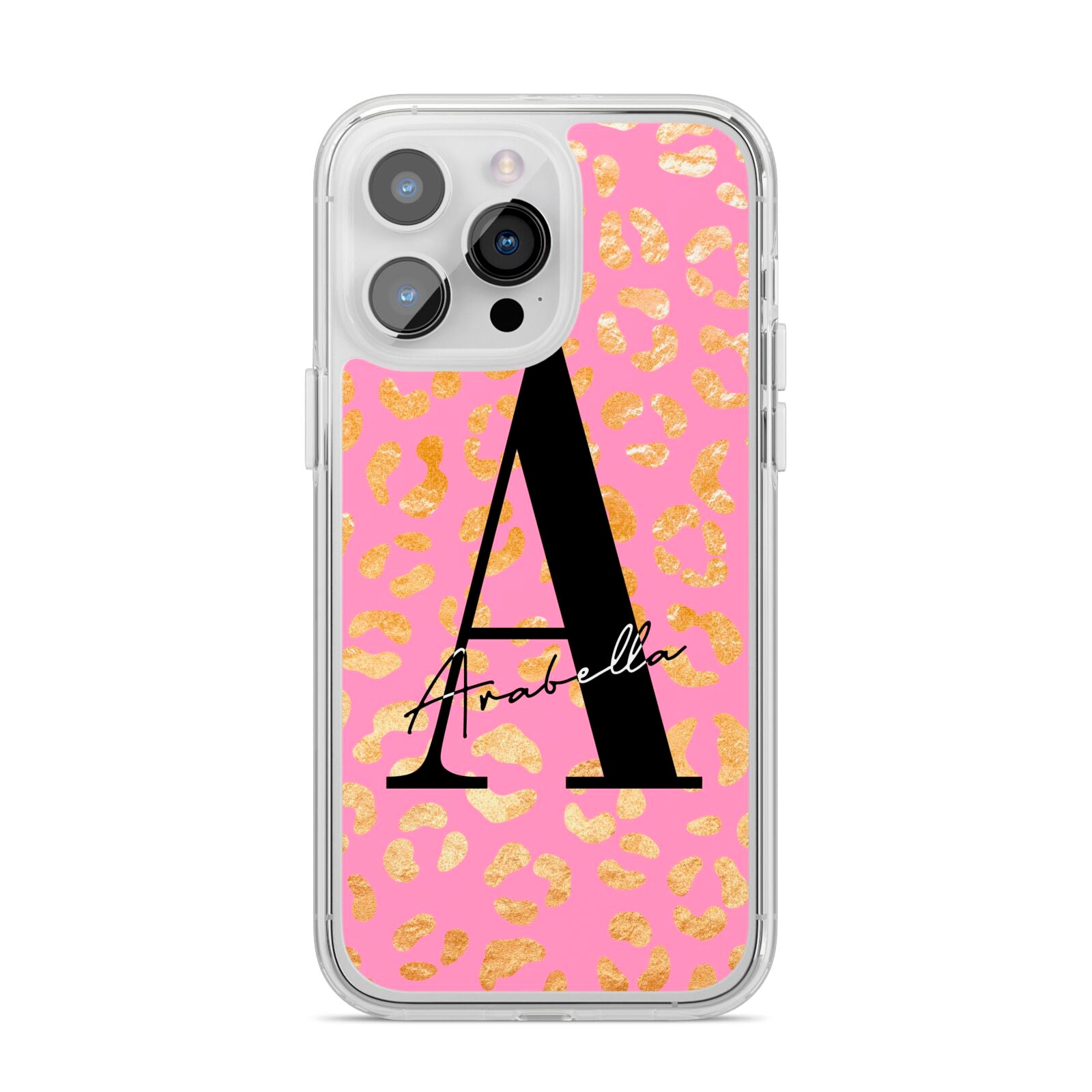 Personalised Pink Gold Leopard Print iPhone 14 Pro Max Clear Tough Case Silver