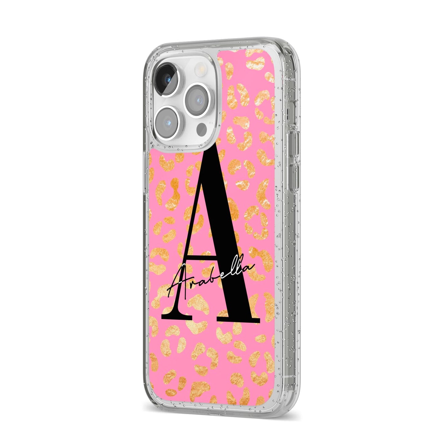 Personalised Pink Gold Leopard Print iPhone 14 Pro Max Glitter Tough Case Silver Angled Image