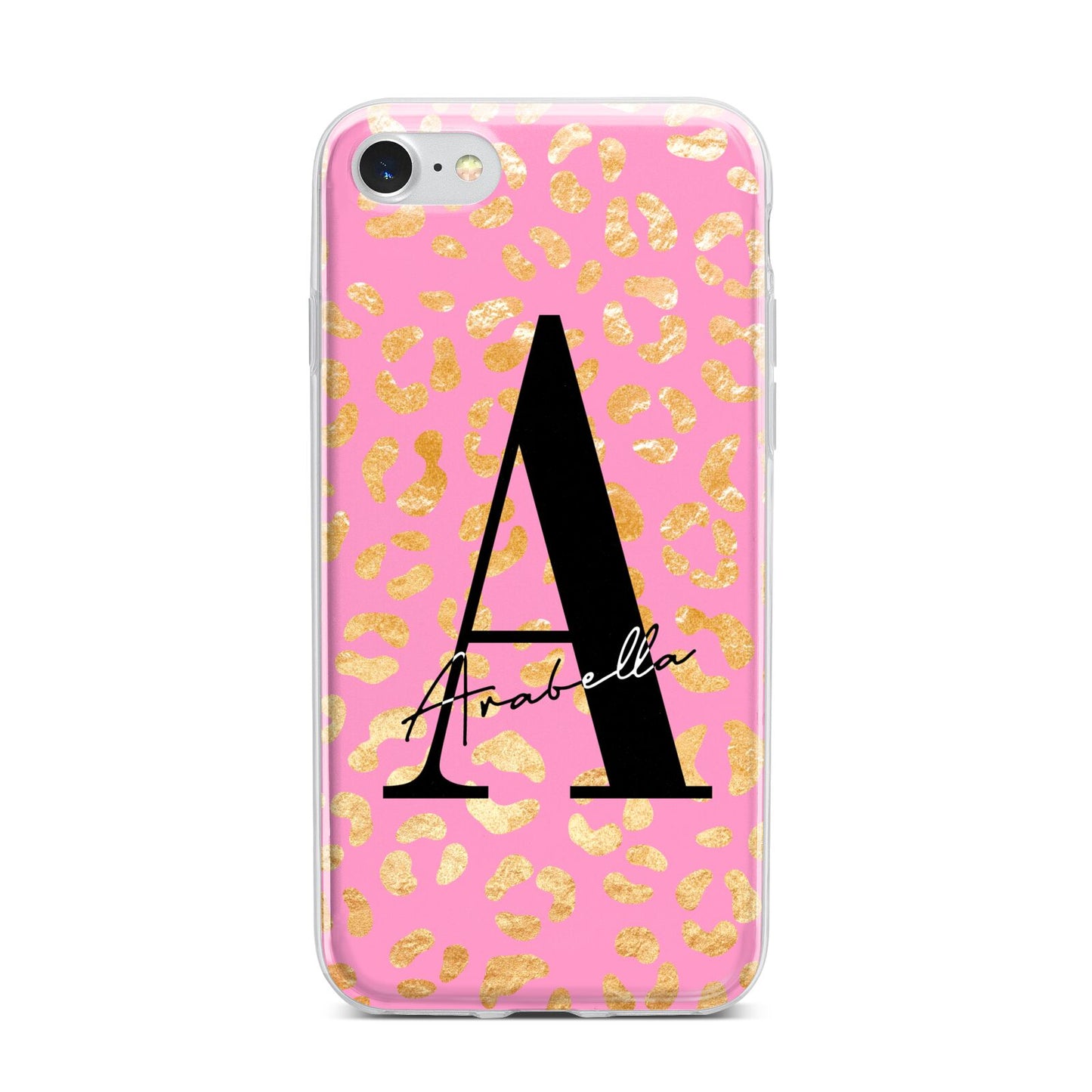 Personalised Pink Gold Leopard Print iPhone 7 Bumper Case on Silver iPhone