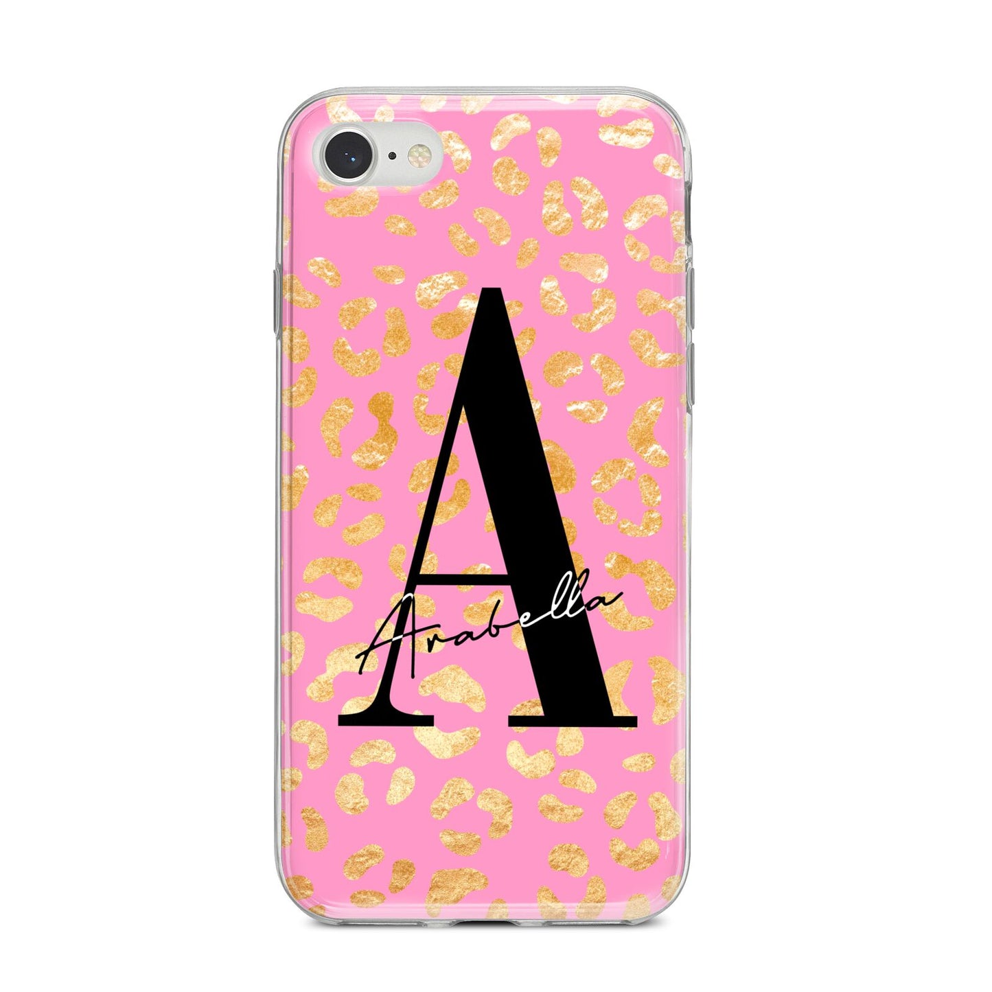 Personalised Pink Gold Leopard Print iPhone 8 Bumper Case on Silver iPhone