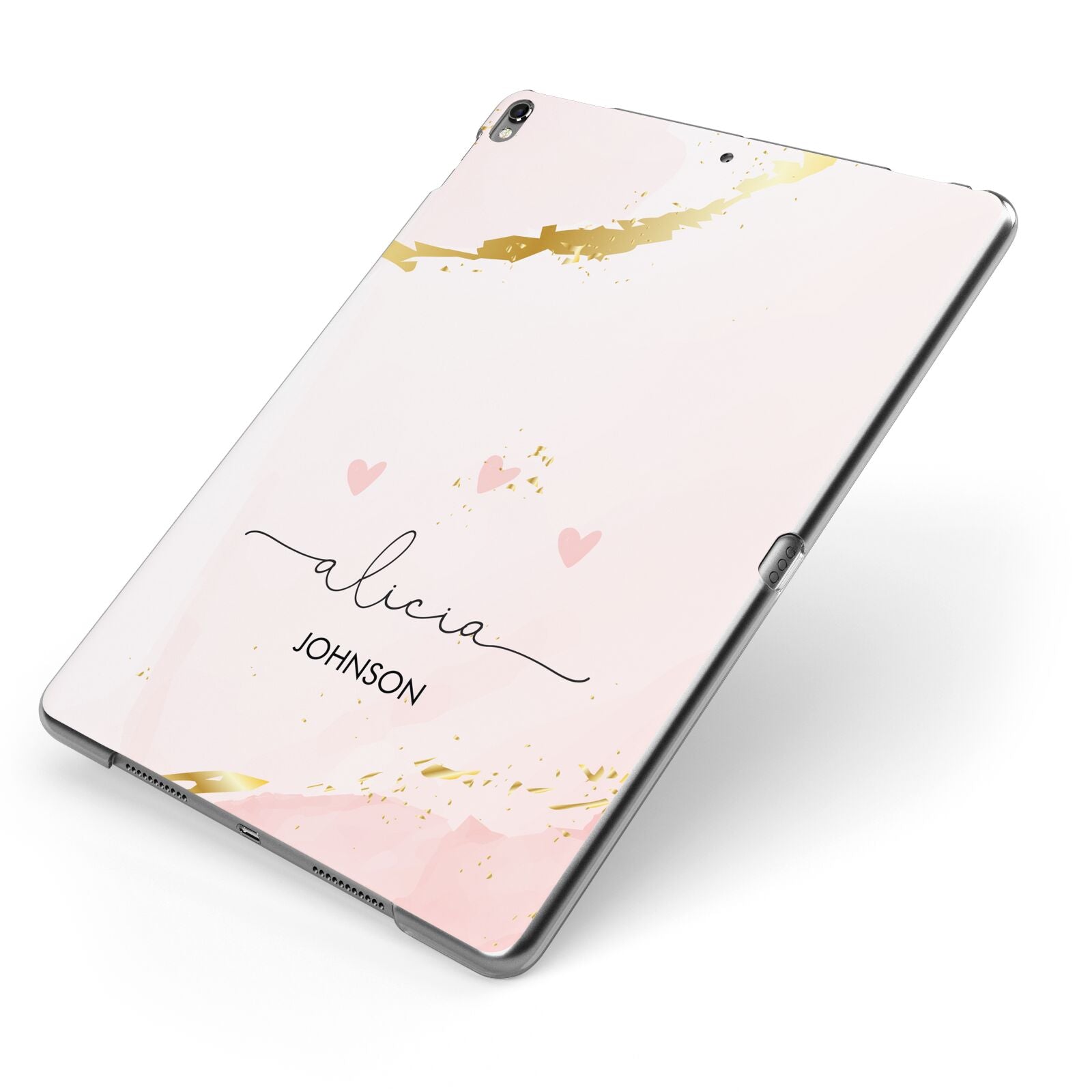 Personalised Pink Gold Marble Names Apple iPad Case on Grey iPad Side View