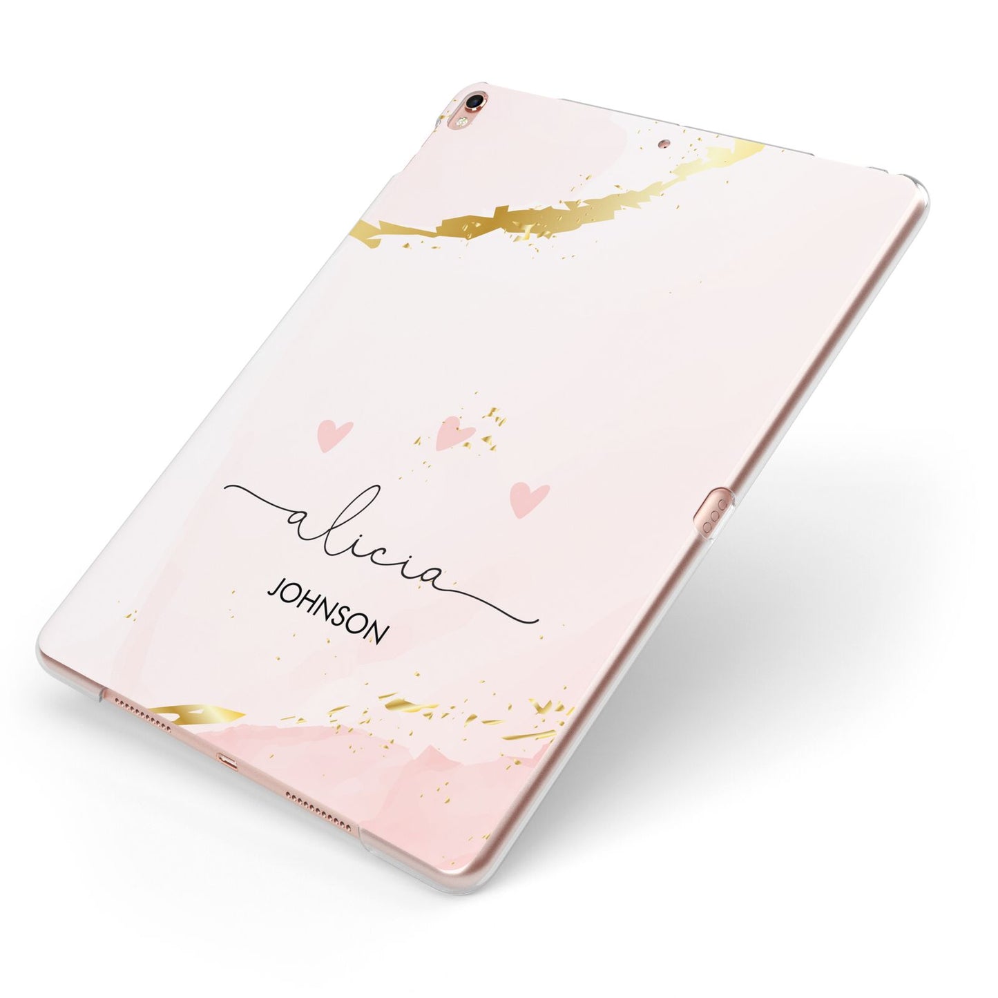 Personalised Pink Gold Marble Names Apple iPad Case on Rose Gold iPad Side View