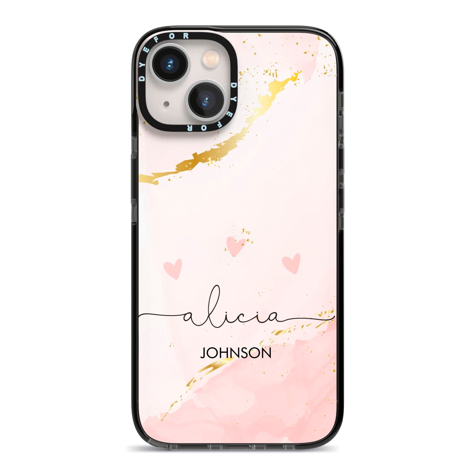 Personalised Pink Gold Marble Names iPhone 13 Black Impact Case on Silver phone