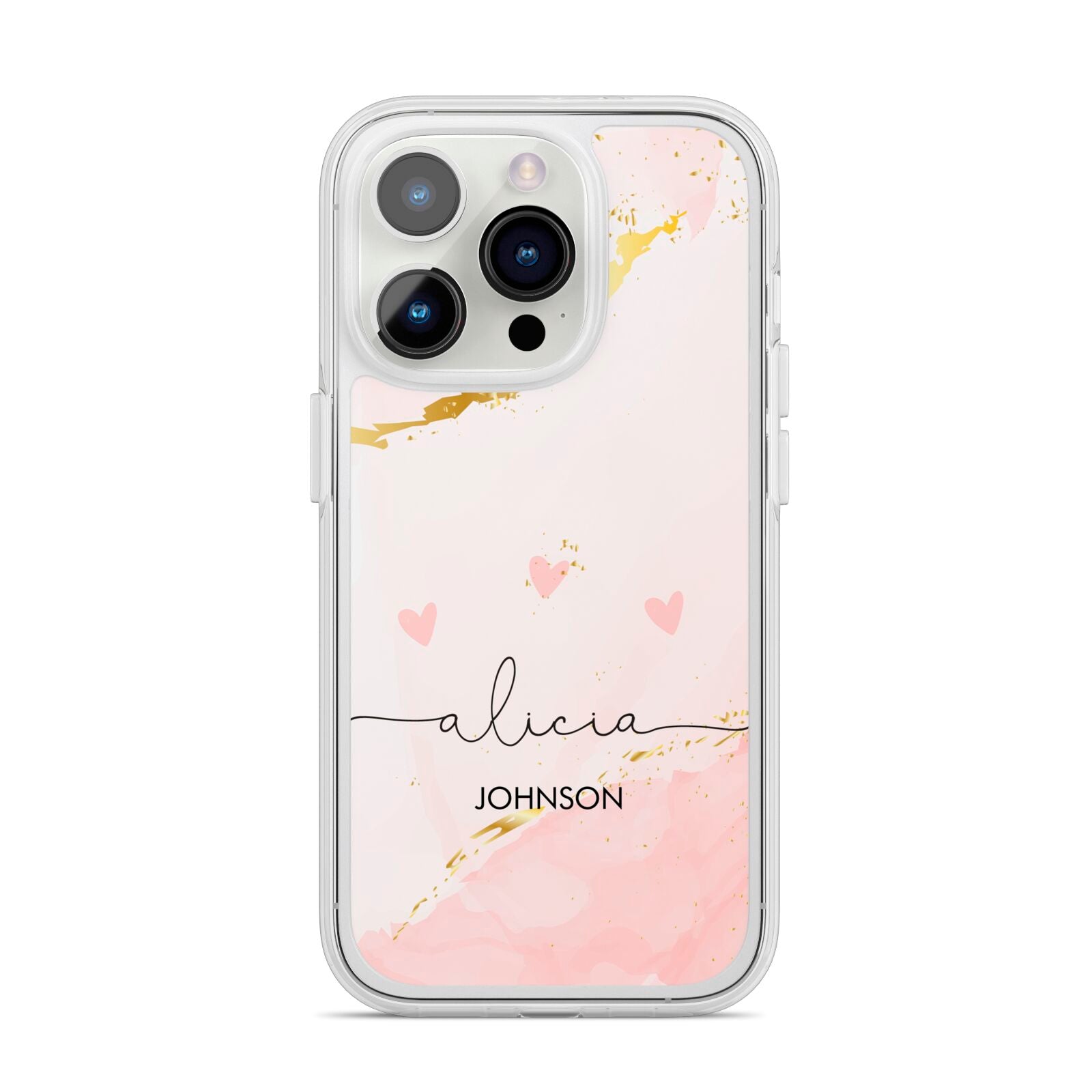 Personalised Pink Gold Marble Names iPhone 14 Pro Clear Tough Case Silver