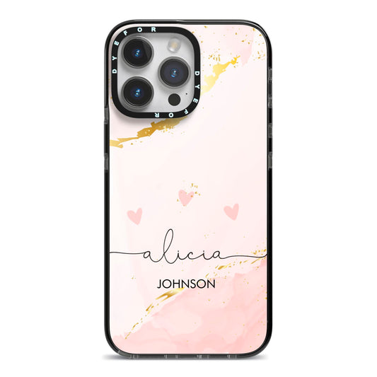 Personalised Pink Gold Marble Names iPhone 14 Pro Max Black Impact Case on Silver phone