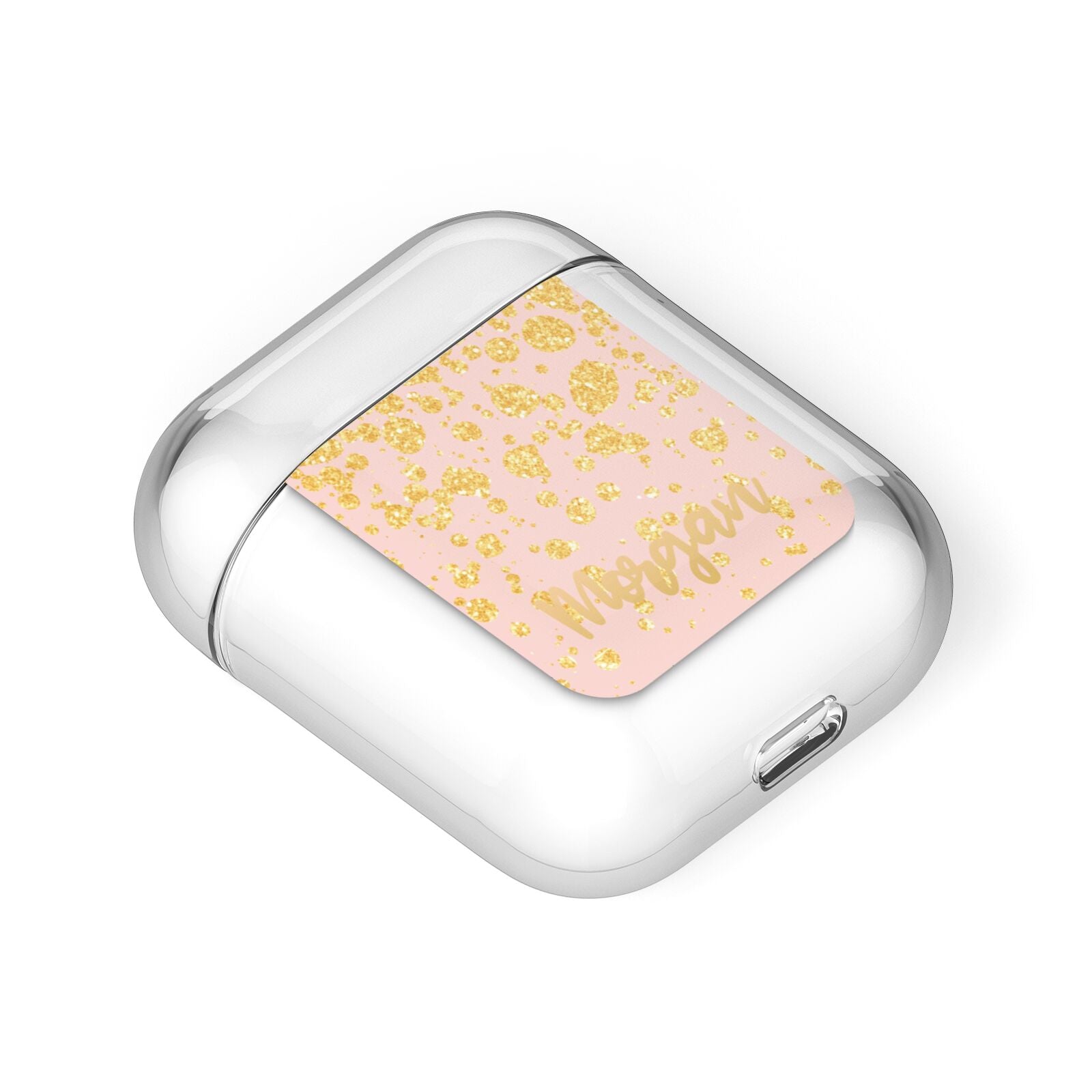 Personalised Pink Gold Splatter With Name AirPods Case Laid Flat