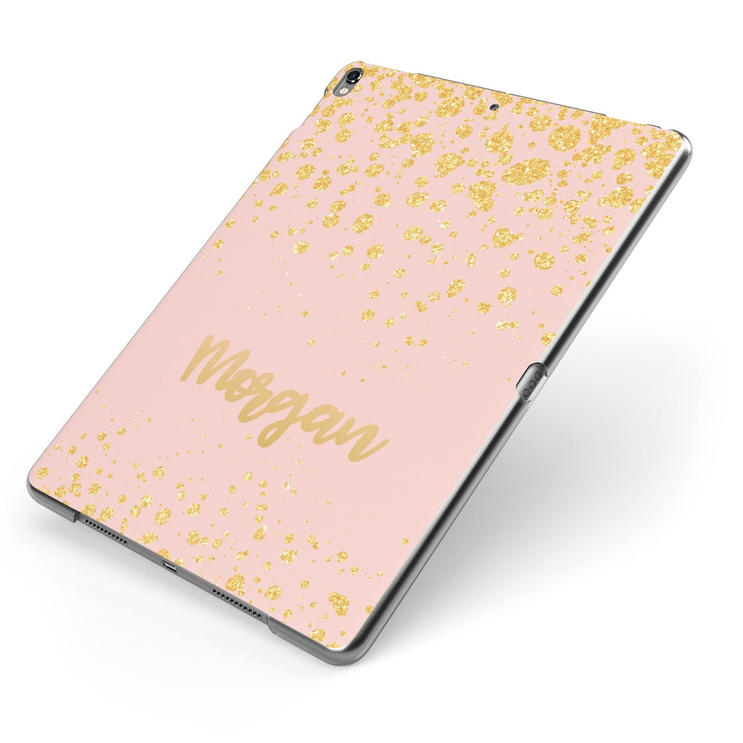 Personalised Pink Gold Splatter With Name Apple iPad Case on Grey iPad Side View