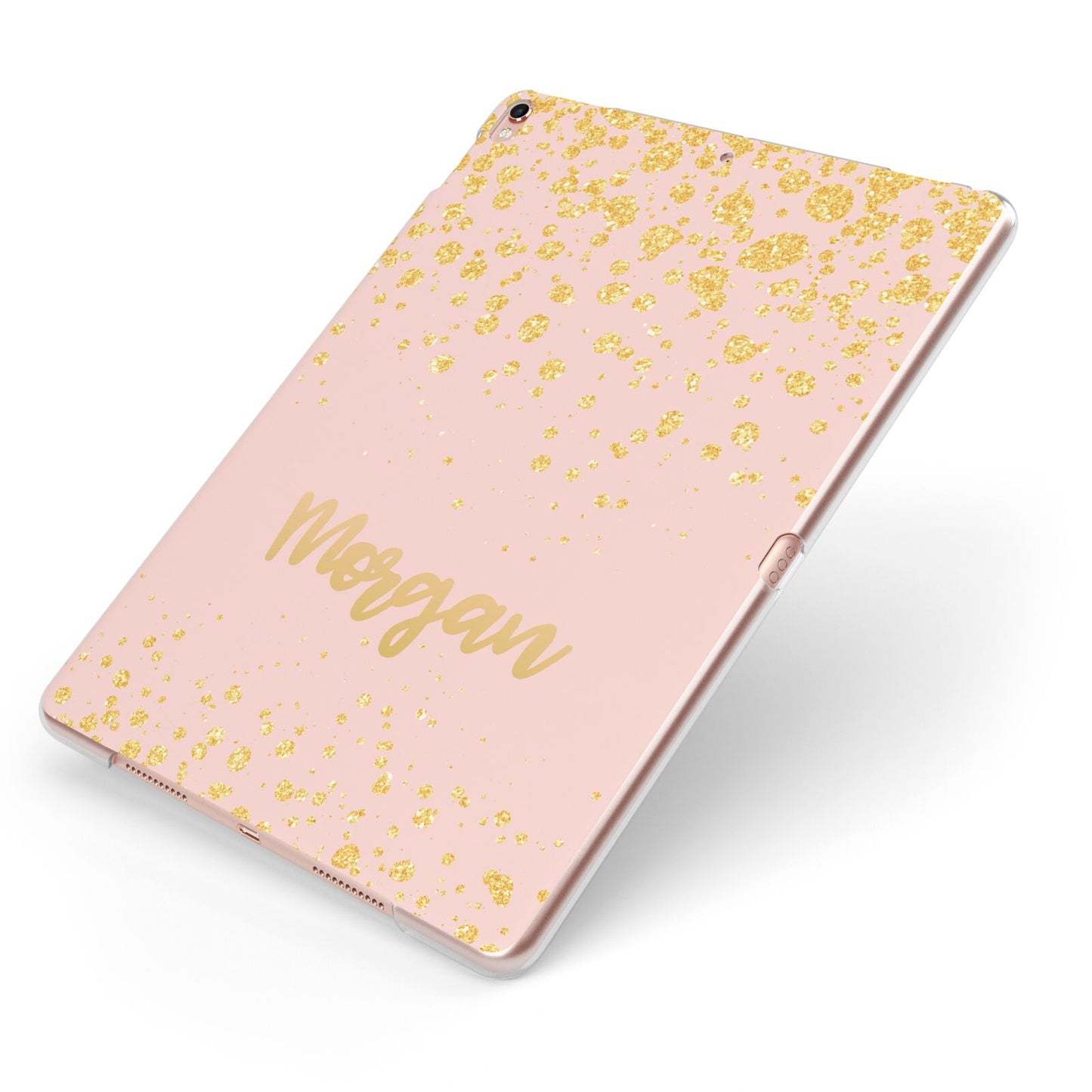 Personalised Pink Gold Splatter With Name Apple iPad Case on Rose Gold iPad Side View