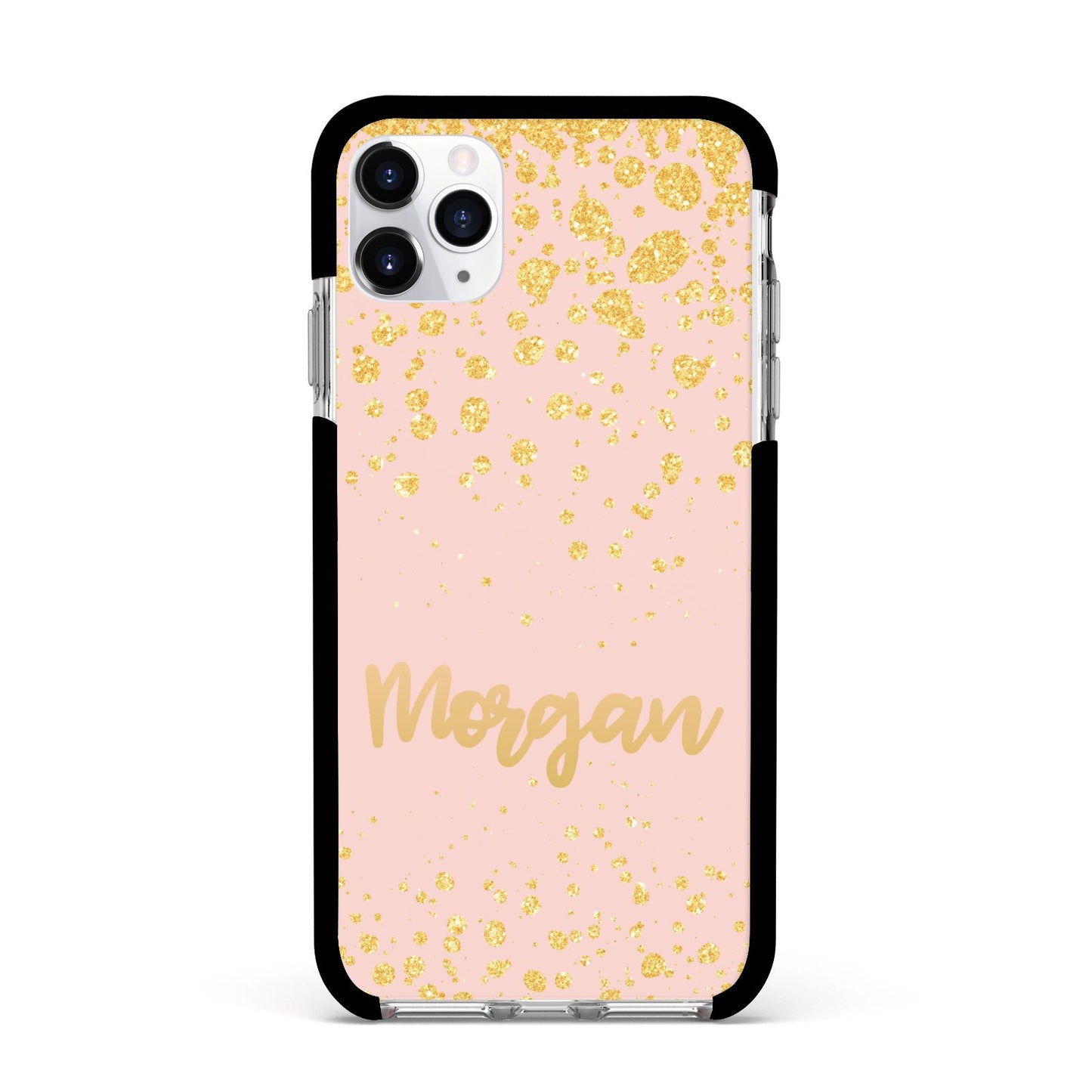 Personalised Pink Gold Splatter With Name Apple iPhone 11 Pro Max in Silver with Black Impact Case