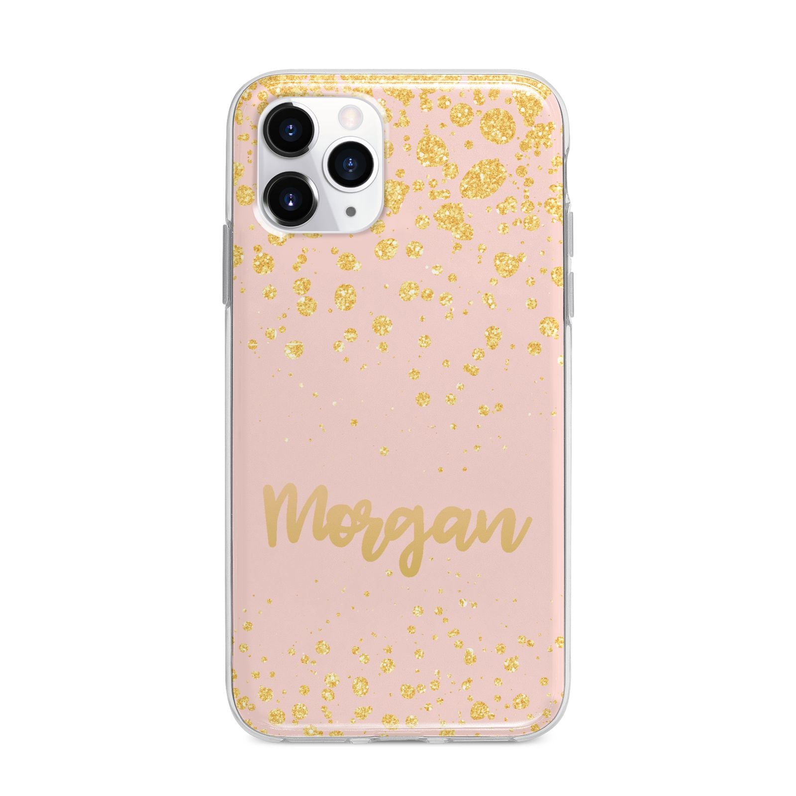 Personalised Pink Gold Splatter With Name Apple iPhone 11 Pro Max in Silver with Bumper Case