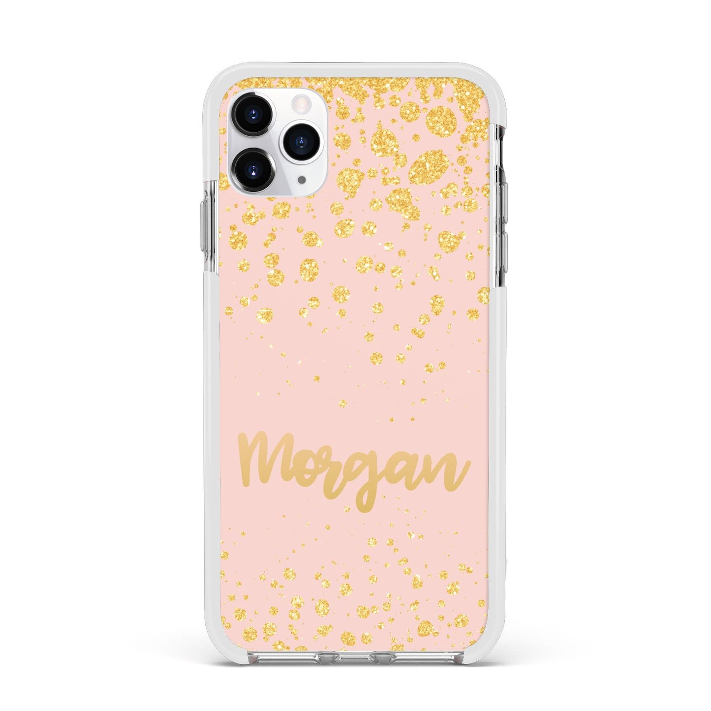 Personalised Pink Gold Splatter With Name Apple iPhone 11 Pro Max in Silver with White Impact Case