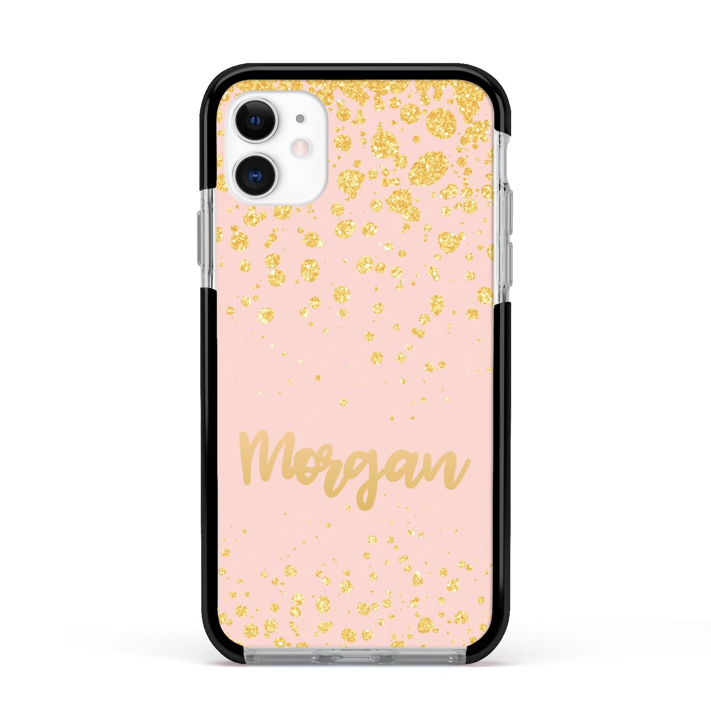 Personalised Pink Gold Splatter With Name Apple iPhone 11 in White with Black Impact Case