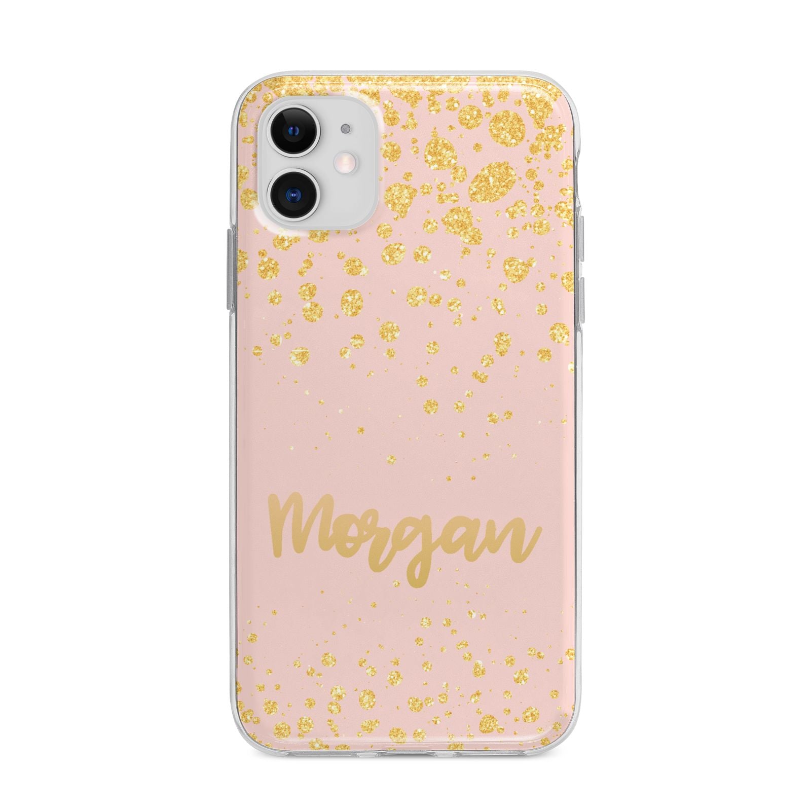 Personalised Pink Gold Splatter With Name Apple iPhone 11 in White with Bumper Case