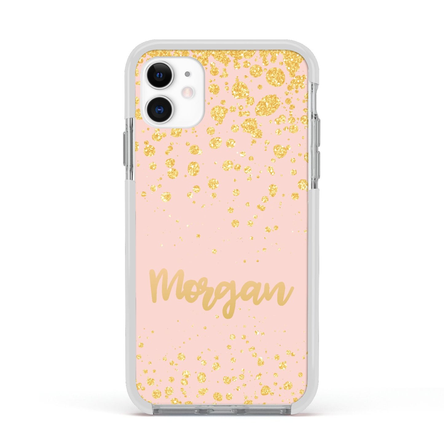 Personalised Pink Gold Splatter With Name Apple iPhone 11 in White with White Impact Case
