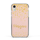 Personalised Pink Gold Splatter With Name Apple iPhone XR Impact Case Black Edge on Silver Phone