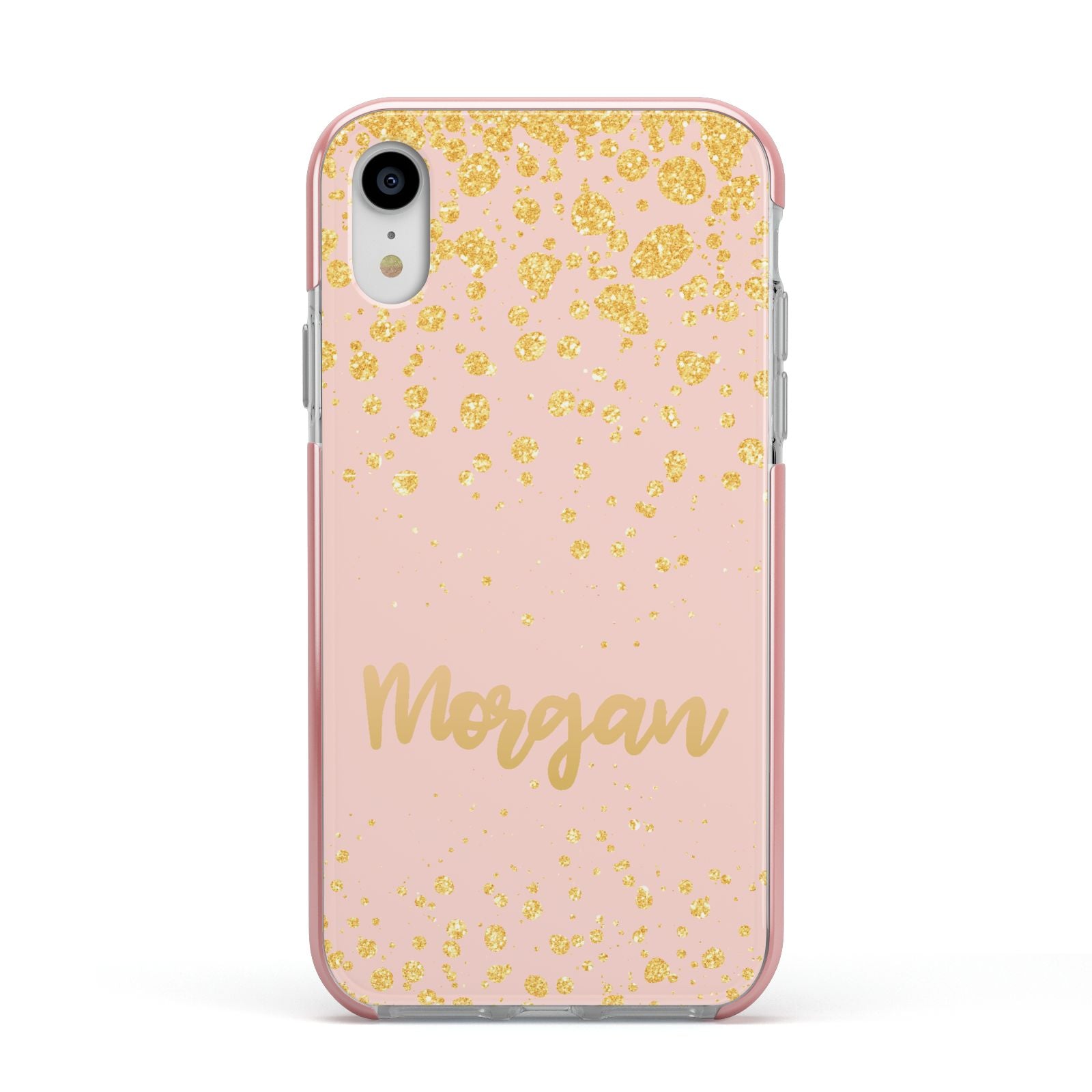 Personalised Pink Gold Splatter With Name Apple iPhone XR Impact Case Pink Edge on Silver Phone