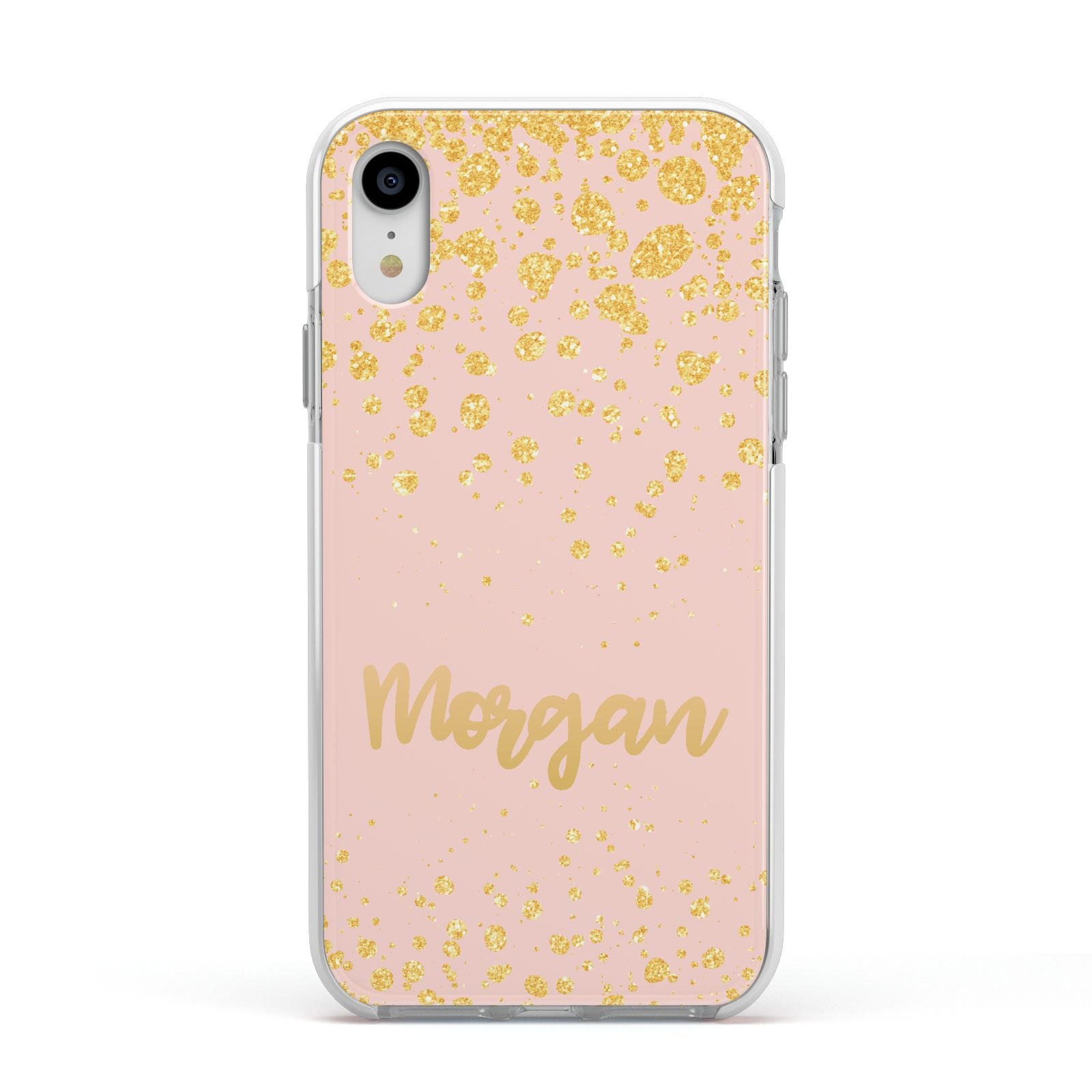 Personalised Pink Gold Splatter With Name Apple iPhone XR Impact Case White Edge on Silver Phone