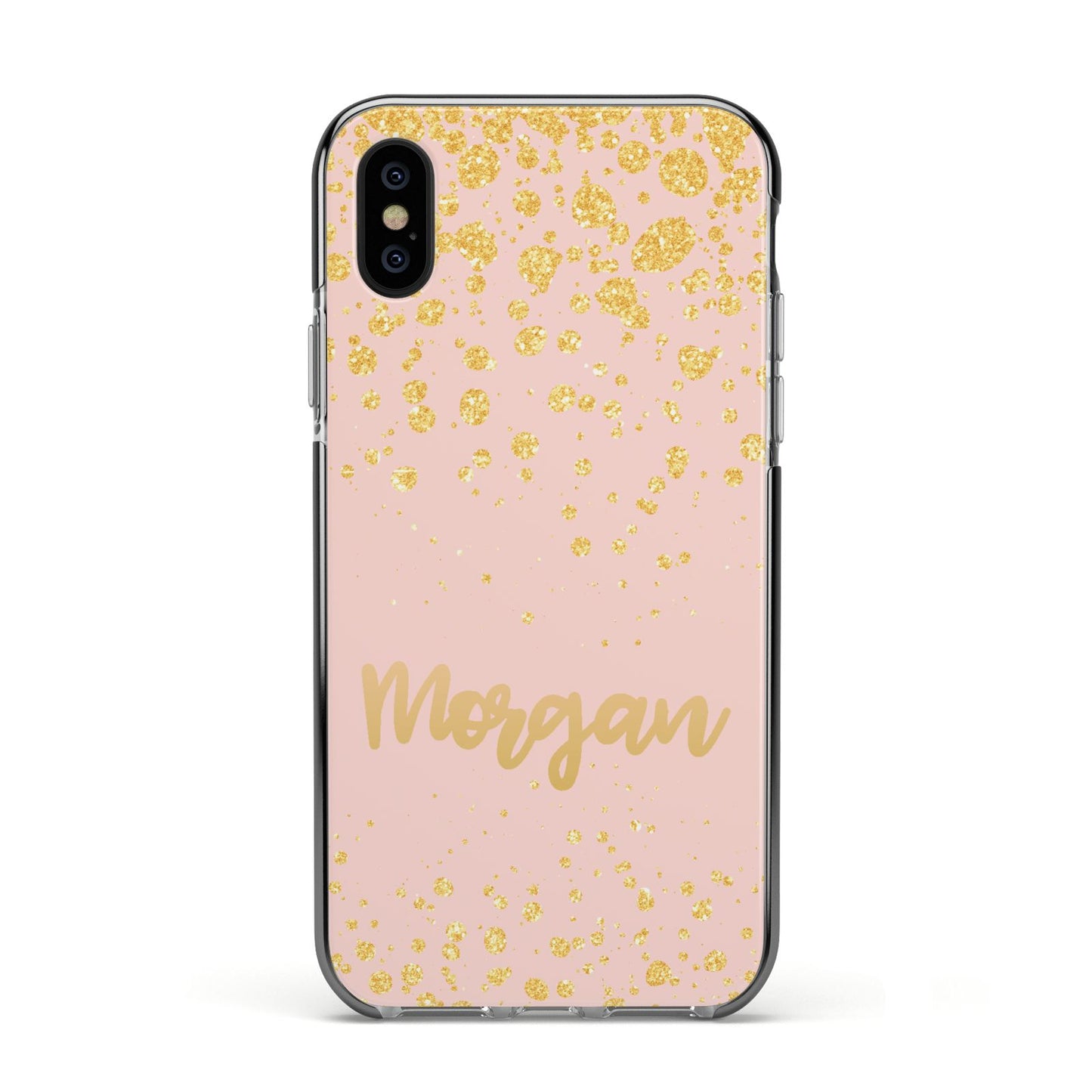 Personalised Pink Gold Splatter With Name Apple iPhone Xs Impact Case Black Edge on Black Phone