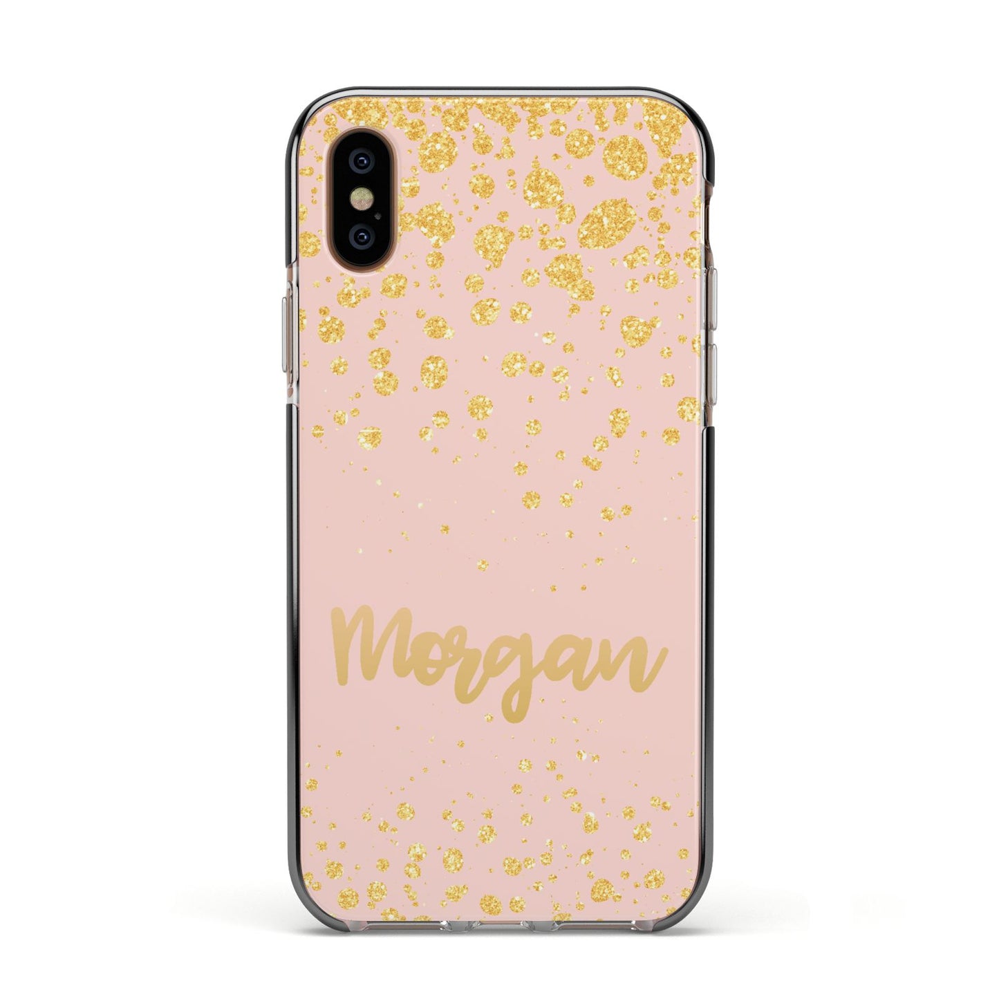 Personalised Pink Gold Splatter With Name Apple iPhone Xs Impact Case Black Edge on Gold Phone