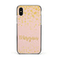 Personalised Pink Gold Splatter With Name Apple iPhone Xs Impact Case Black Edge on Silver Phone