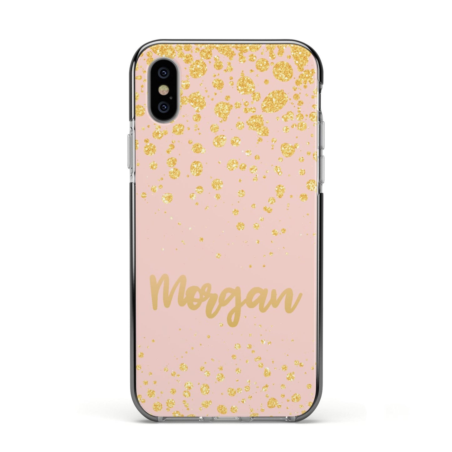 Personalised Pink Gold Splatter With Name Apple iPhone Xs Impact Case Black Edge on Silver Phone
