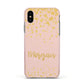 Personalised Pink Gold Splatter With Name Apple iPhone Xs Impact Case Pink Edge on Black Phone