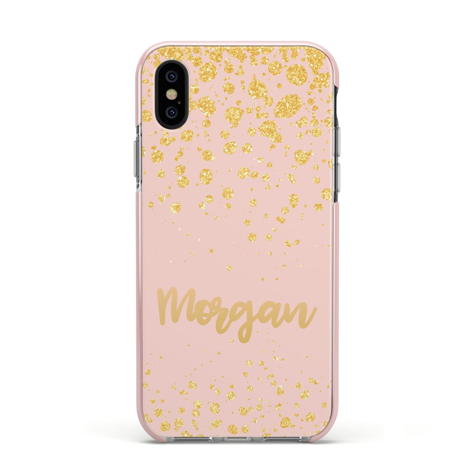 Personalised Pink Gold Splatter With Name Apple iPhone Xs Impact Case Pink Edge on Black Phone