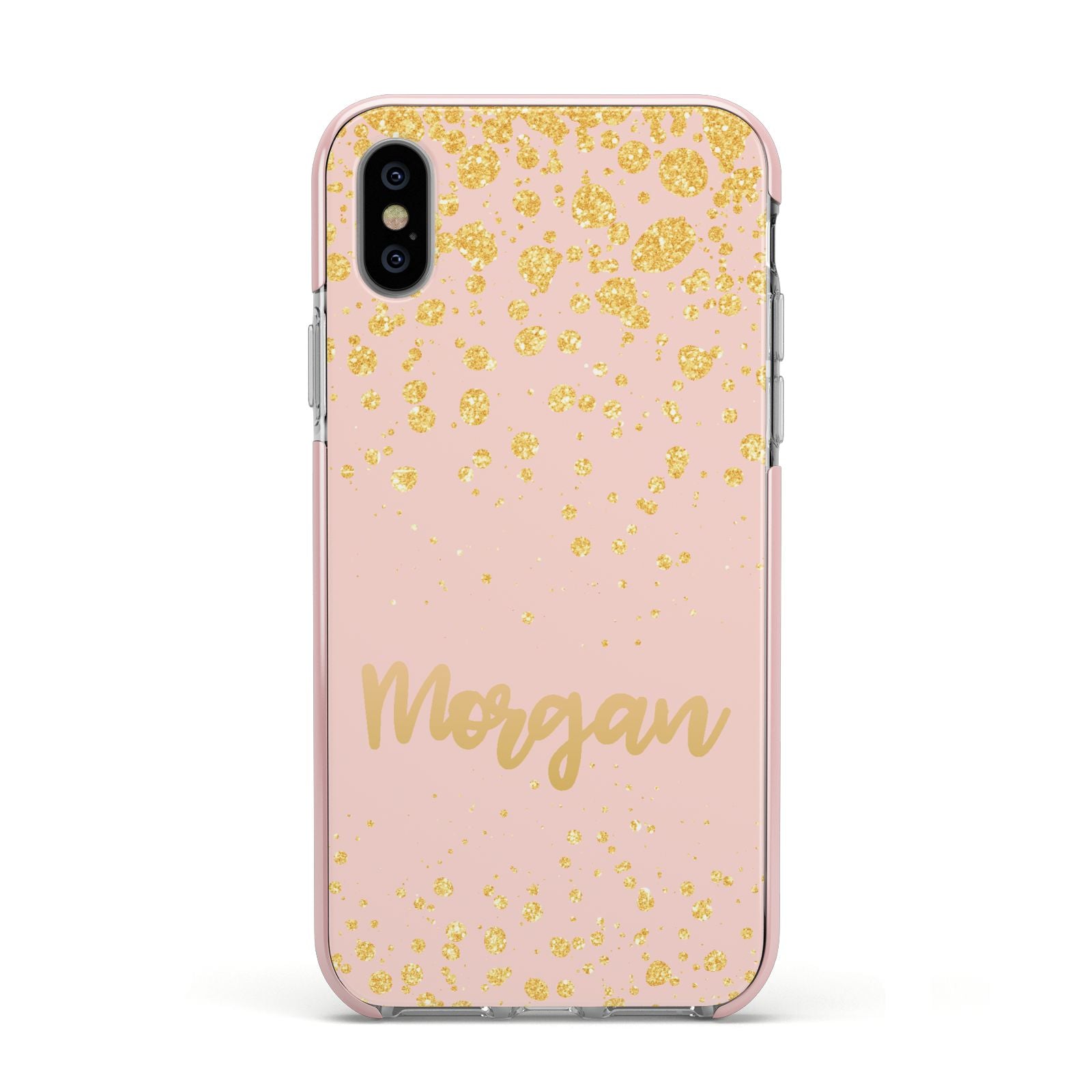 Personalised Pink Gold Splatter With Name Apple iPhone Xs Impact Case Pink Edge on Silver Phone