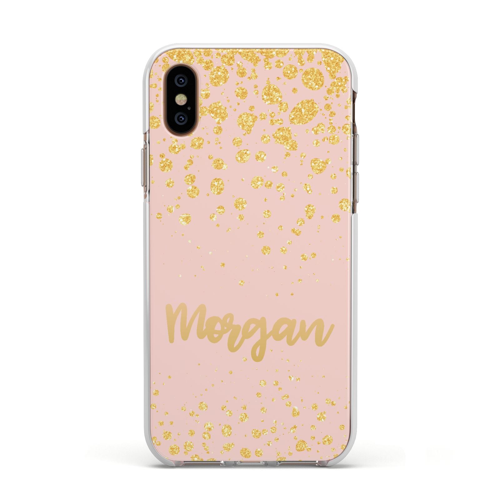 Personalised Pink Gold Splatter With Name Apple iPhone Xs Impact Case White Edge on Gold Phone