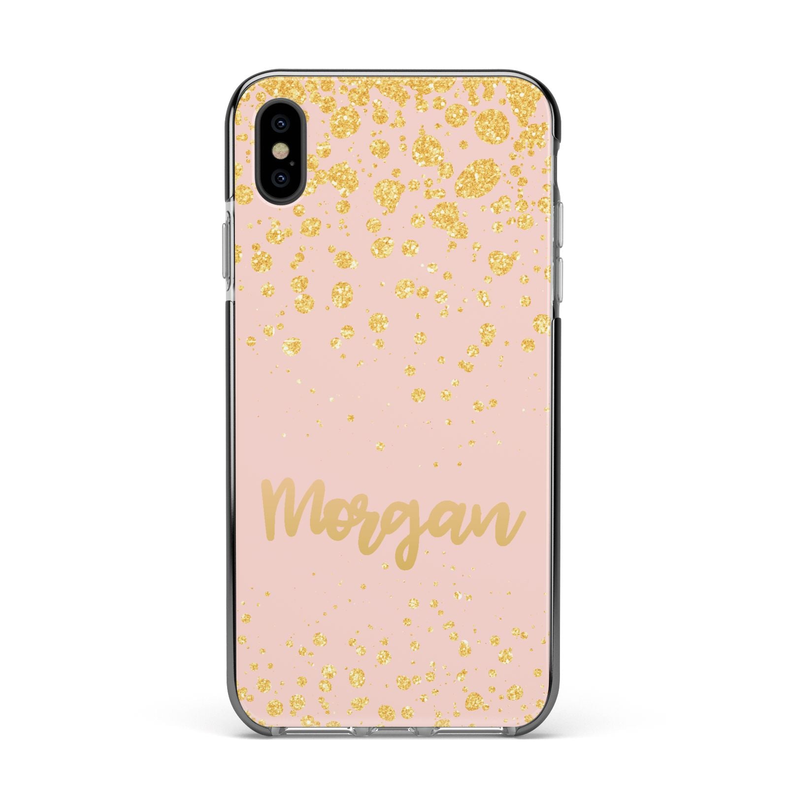Personalised Pink Gold Splatter With Name Apple iPhone Xs Max Impact Case Black Edge on Black Phone