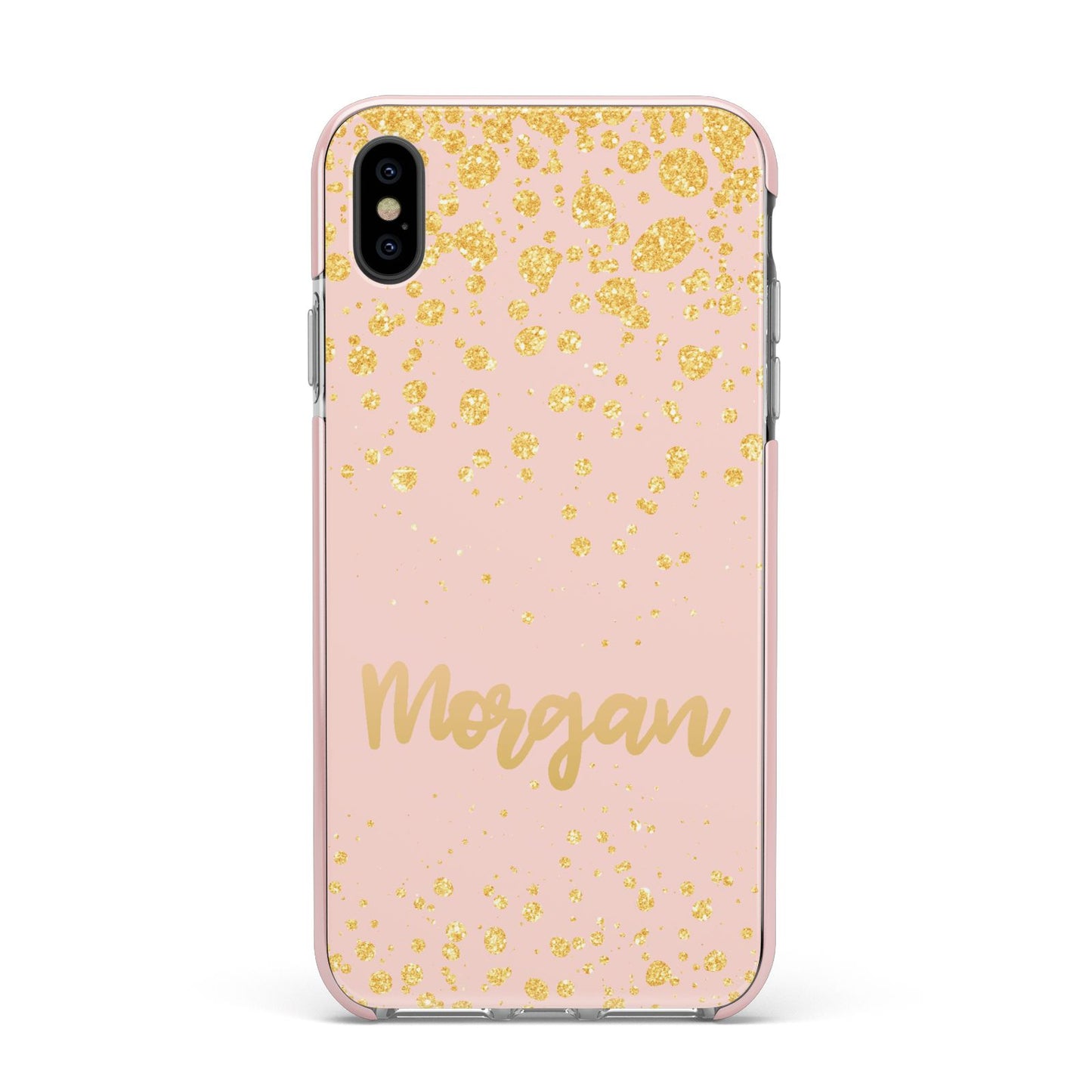 Personalised Pink Gold Splatter With Name Apple iPhone Xs Max Impact Case Pink Edge on Black Phone