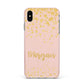 Personalised Pink Gold Splatter With Name Apple iPhone Xs Max Impact Case Pink Edge on Silver Phone