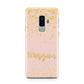 Personalised Pink Gold Splatter With Name Samsung Galaxy S9 Plus Case on Silver phone
