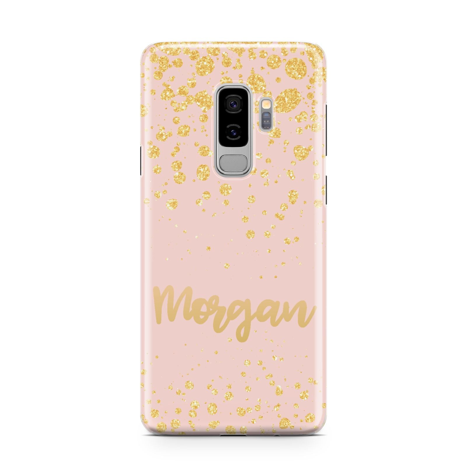 Personalised Pink Gold Splatter With Name Samsung Galaxy S9 Plus Case on Silver phone