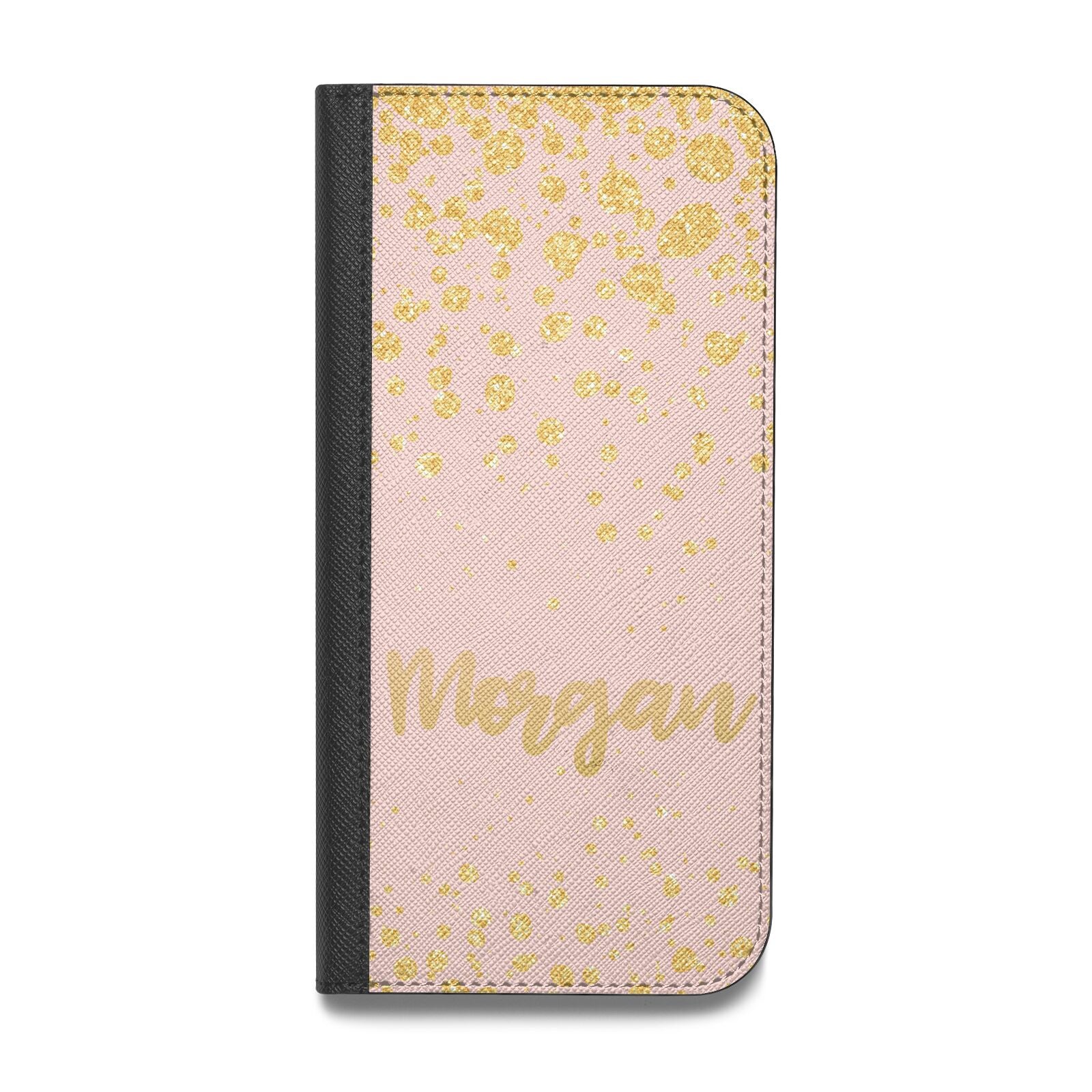 Personalised Pink Gold Splatter With Name Vegan Leather Flip iPhone Case