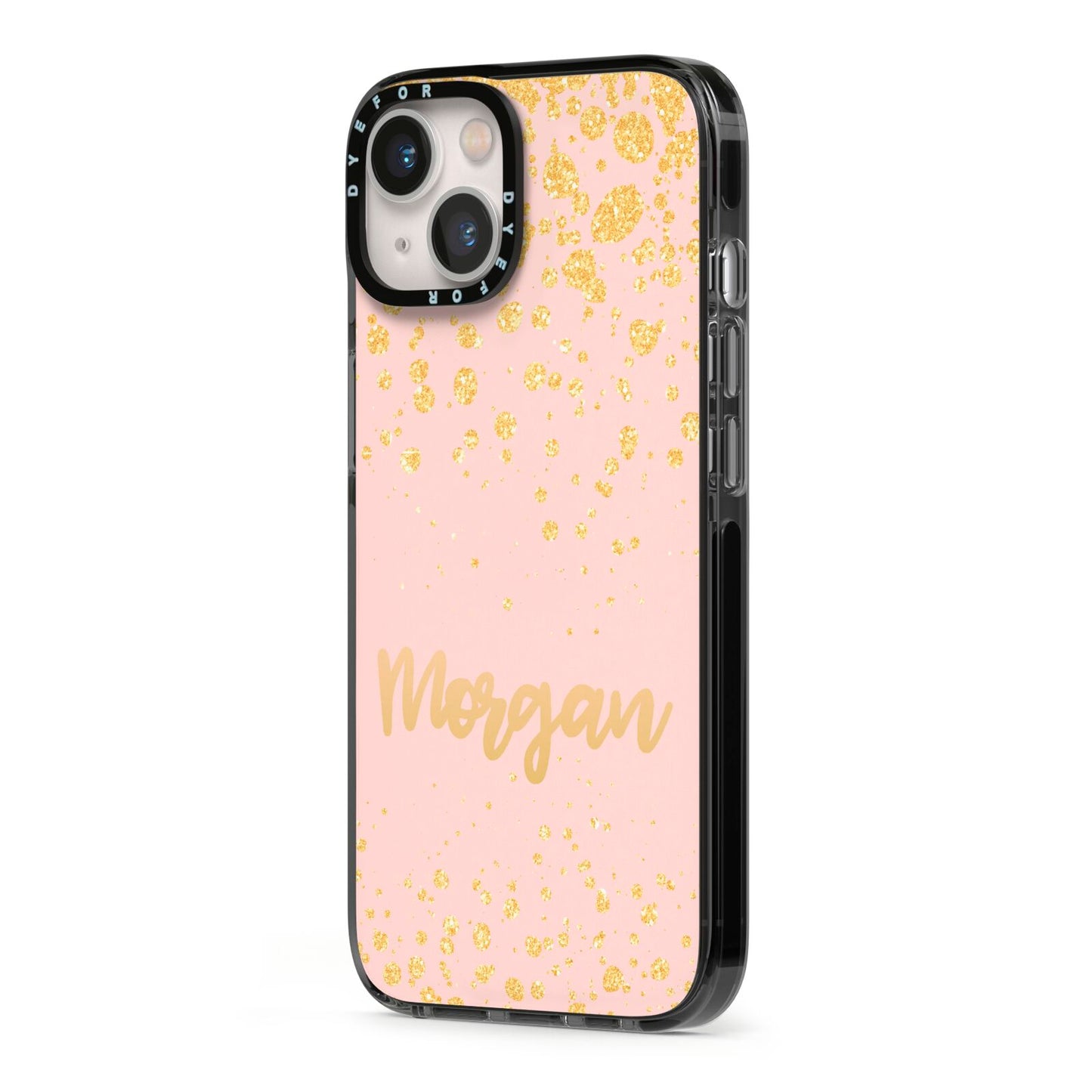 Personalised Pink Gold Splatter With Name iPhone 13 Black Impact Case Side Angle on Silver phone