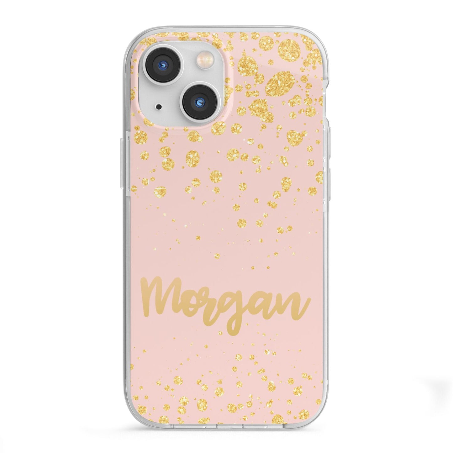 Personalised Pink Gold Splatter With Name iPhone 13 Mini TPU Impact Case with White Edges