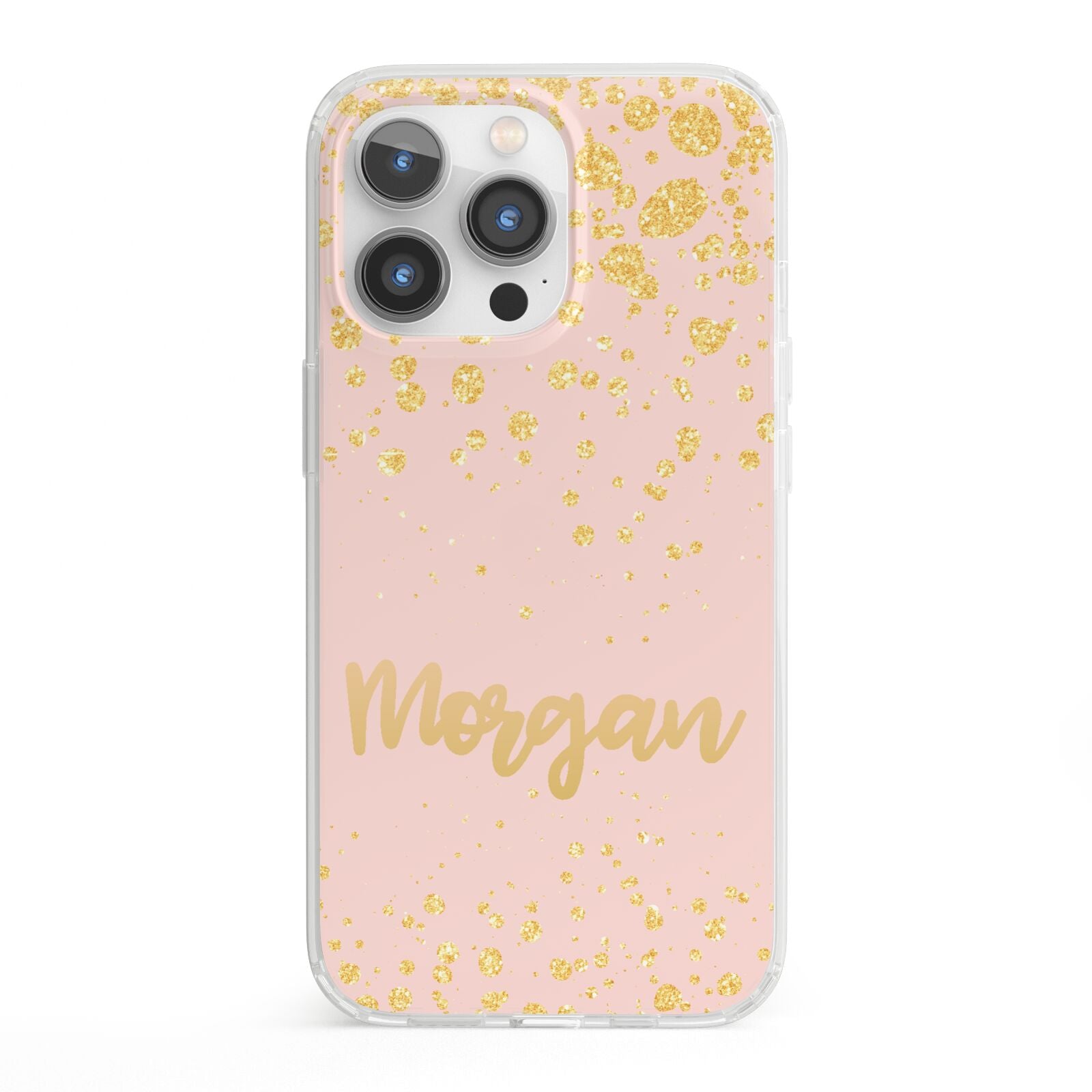 Personalised Pink Gold Splatter With Name iPhone 13 Pro Clear Bumper Case