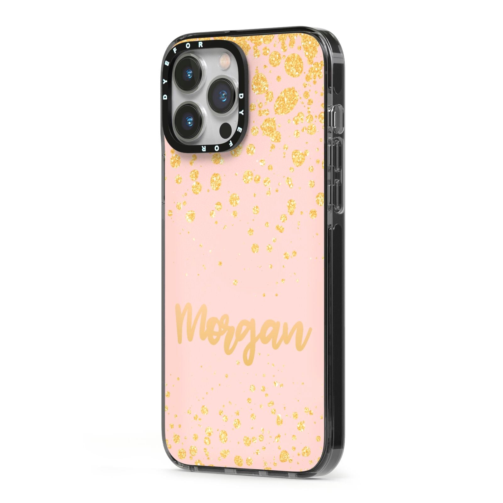 Personalised Pink Gold Splatter With Name iPhone 13 Pro Max Black Impact Case Side Angle on Silver phone