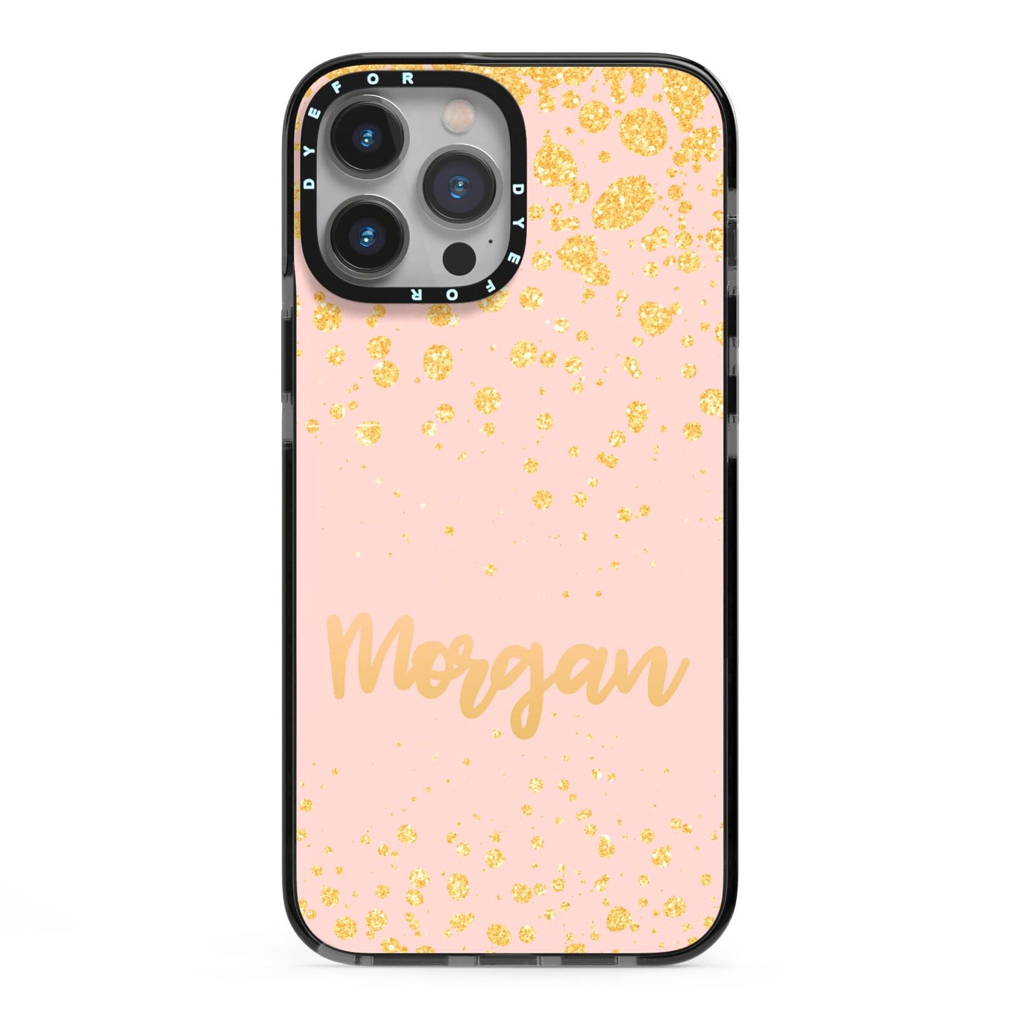 Personalised Pink Gold Splatter With Name iPhone 13 Pro Max Black Impact Case on Silver phone