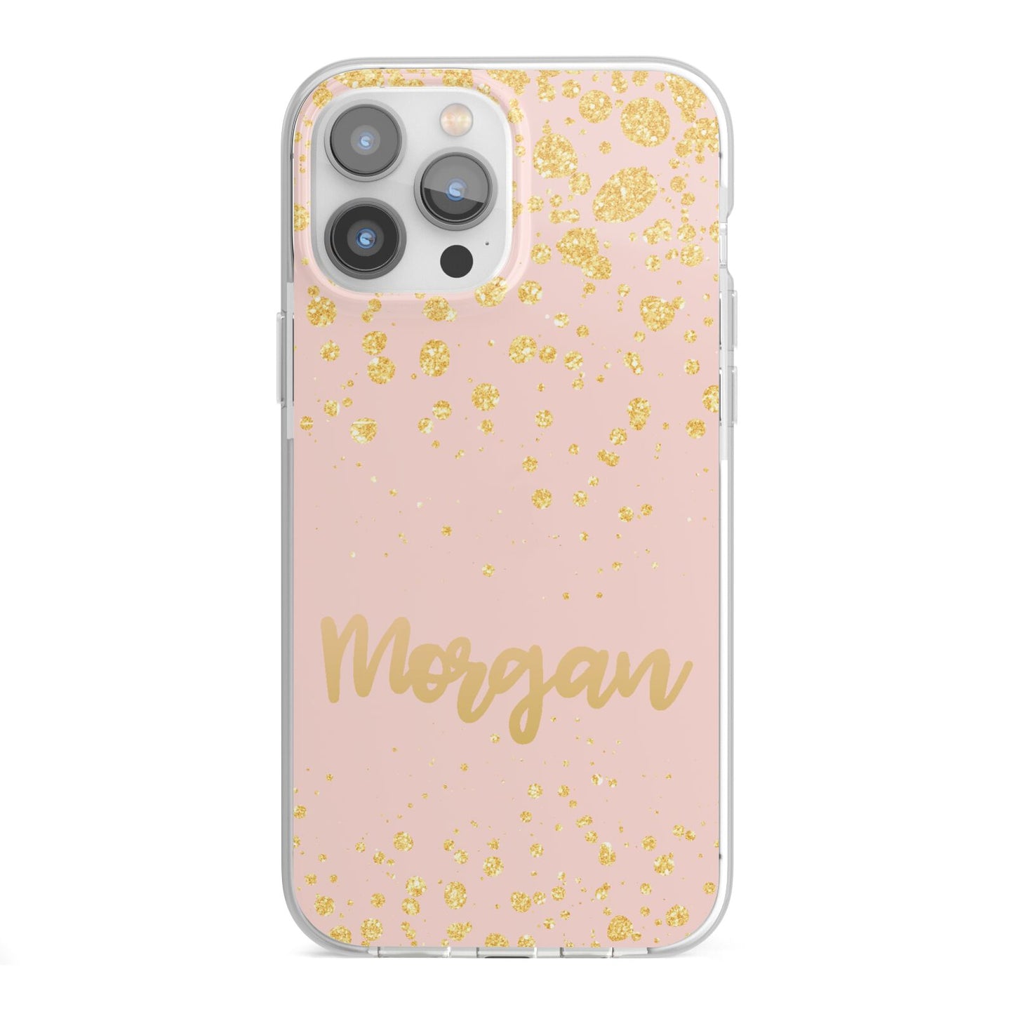 Personalised Pink Gold Splatter With Name iPhone 13 Pro Max TPU Impact Case with White Edges