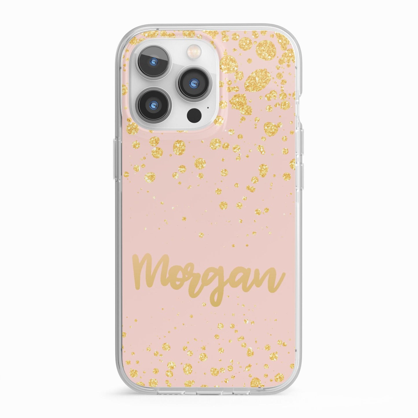 Personalised Pink Gold Splatter With Name iPhone 13 Pro TPU Impact Case with White Edges