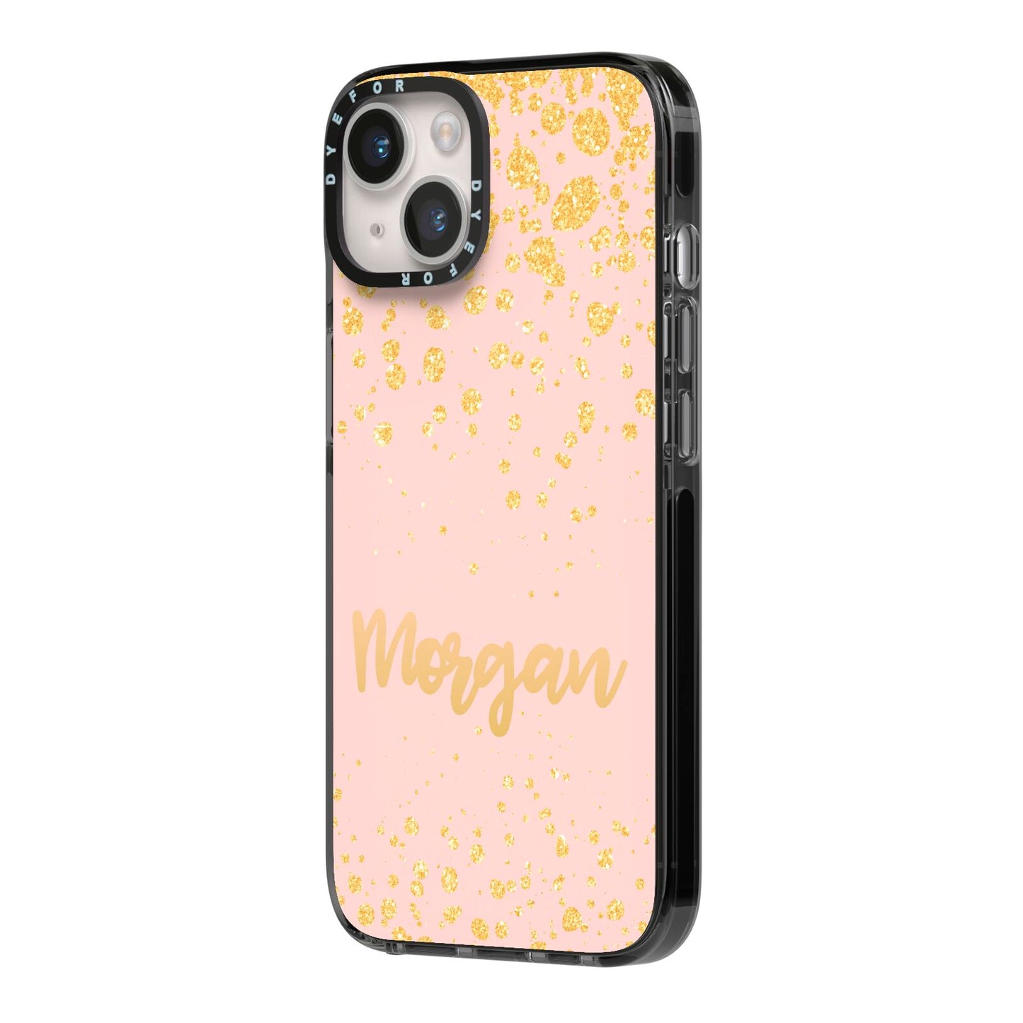 Personalised Pink Gold Splatter With Name iPhone 14 Black Impact Case Side Angle on Silver phone