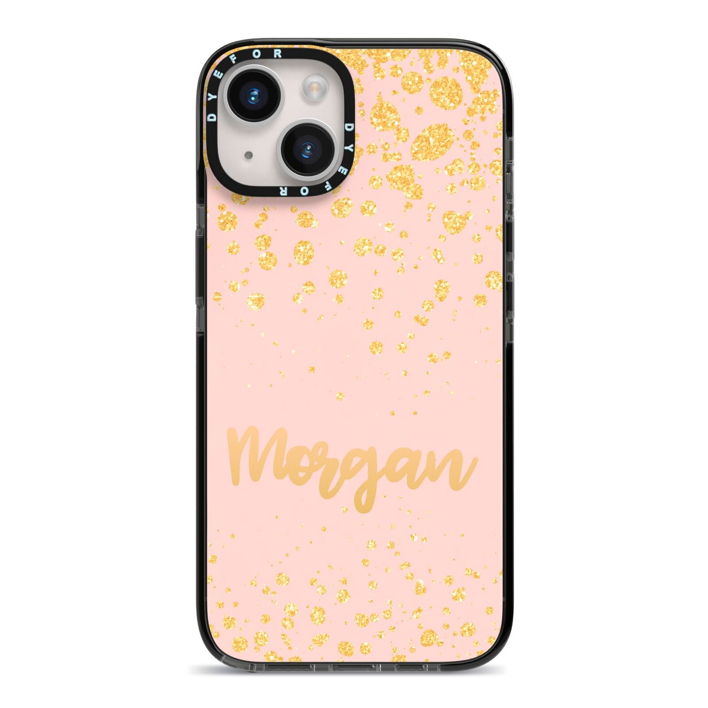 Personalised Pink Gold Splatter With Name iPhone 14 Black Impact Case on Silver phone
