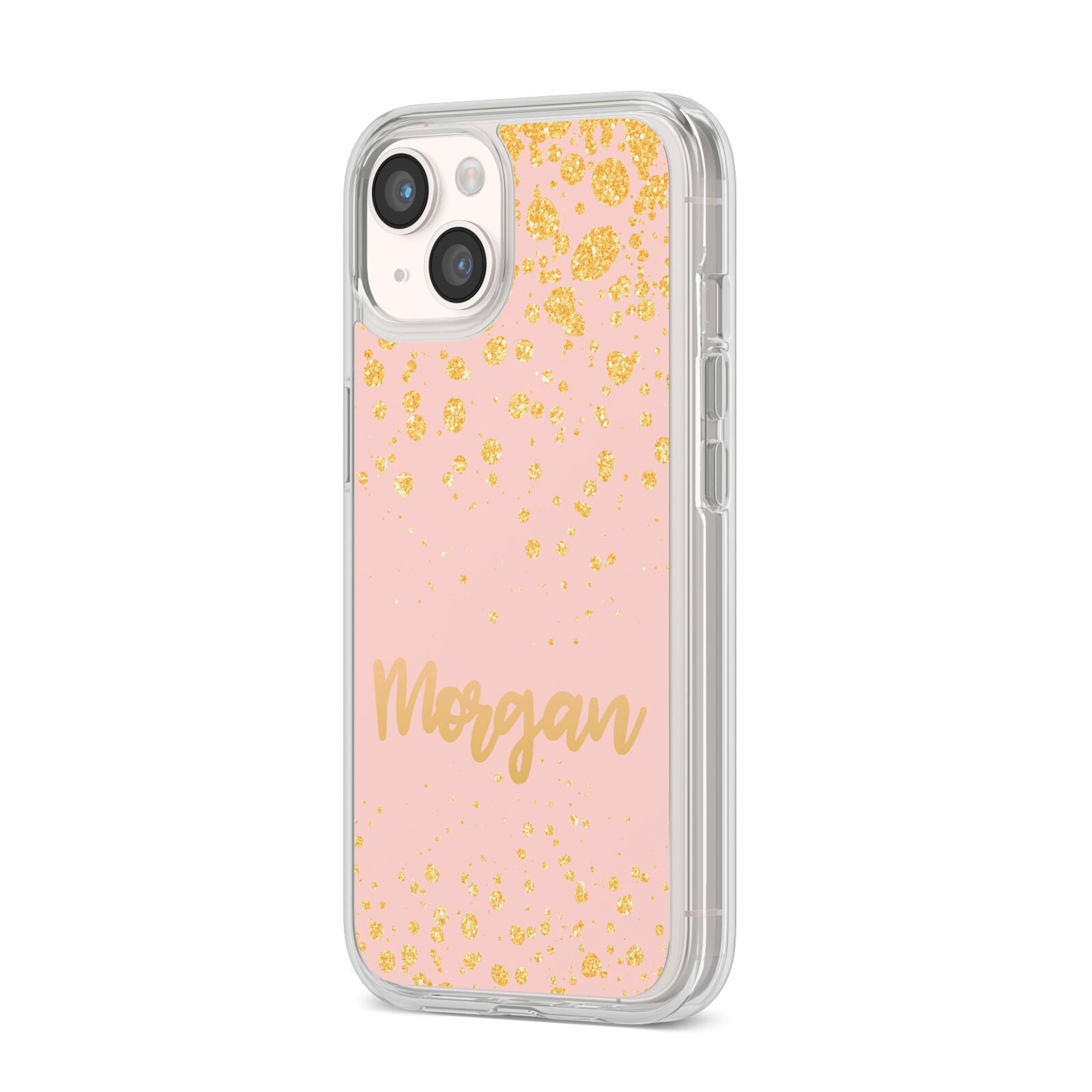 Personalised Pink Gold Splatter With Name iPhone 14 Clear Tough Case Starlight Angled Image