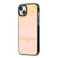 Personalised Pink Gold Splatter With Name iPhone 14 Plus Black Impact Case Side Angle on Silver phone