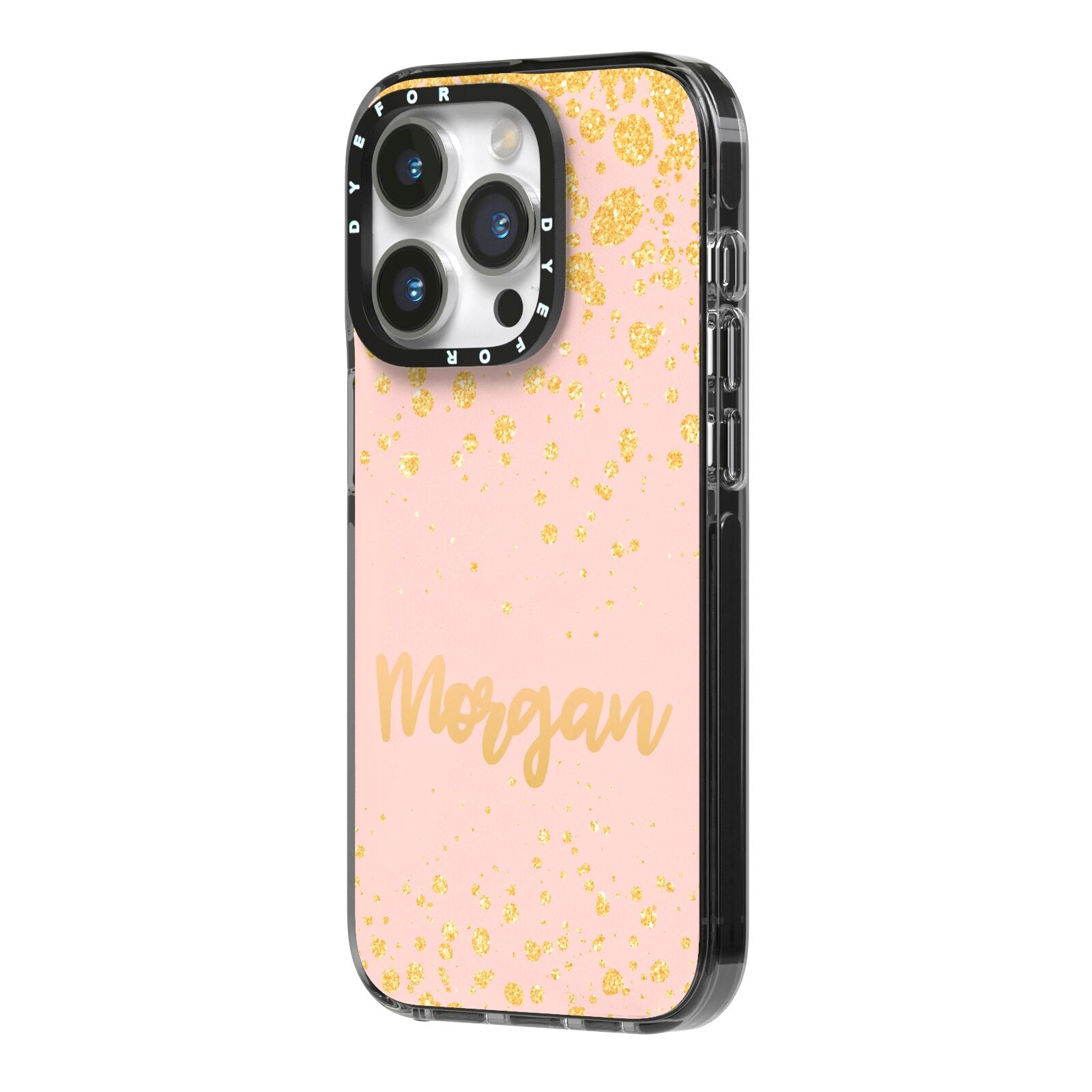 Personalised Pink Gold Splatter With Name iPhone 14 Pro Black Impact Case Side Angle on Silver phone