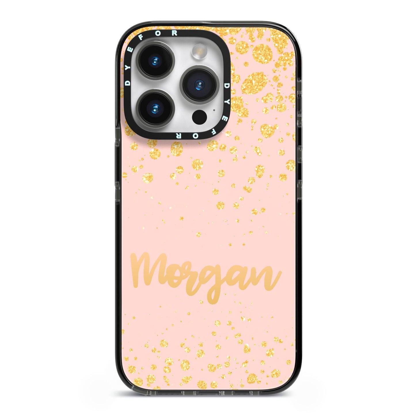 Personalised Pink Gold Splatter With Name iPhone 14 Pro Black Impact Case on Silver phone