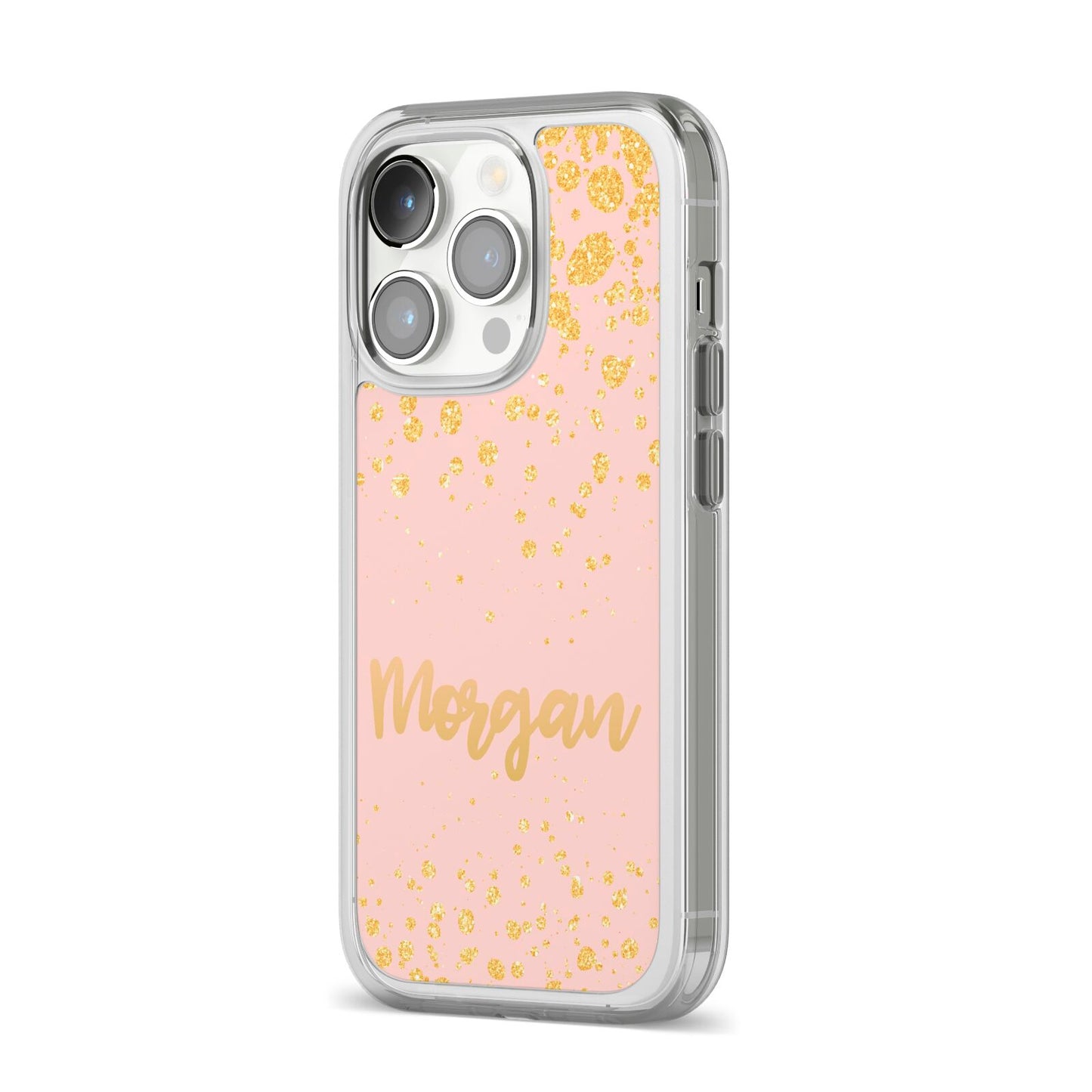 Personalised Pink Gold Splatter With Name iPhone 14 Pro Clear Tough Case Silver Angled Image